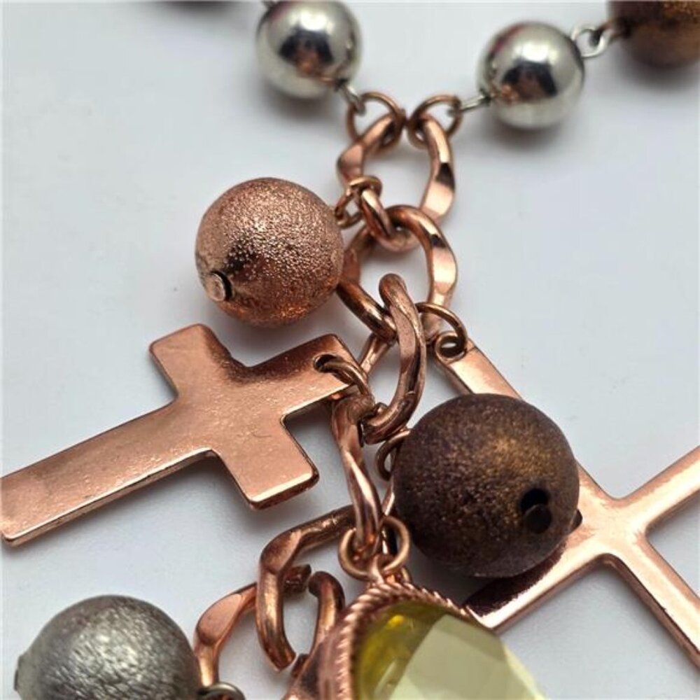 Long Copper Tone Cross Necklace Yellow Crystal Beads Boho 29 In Adj. - Picture 3 of 9